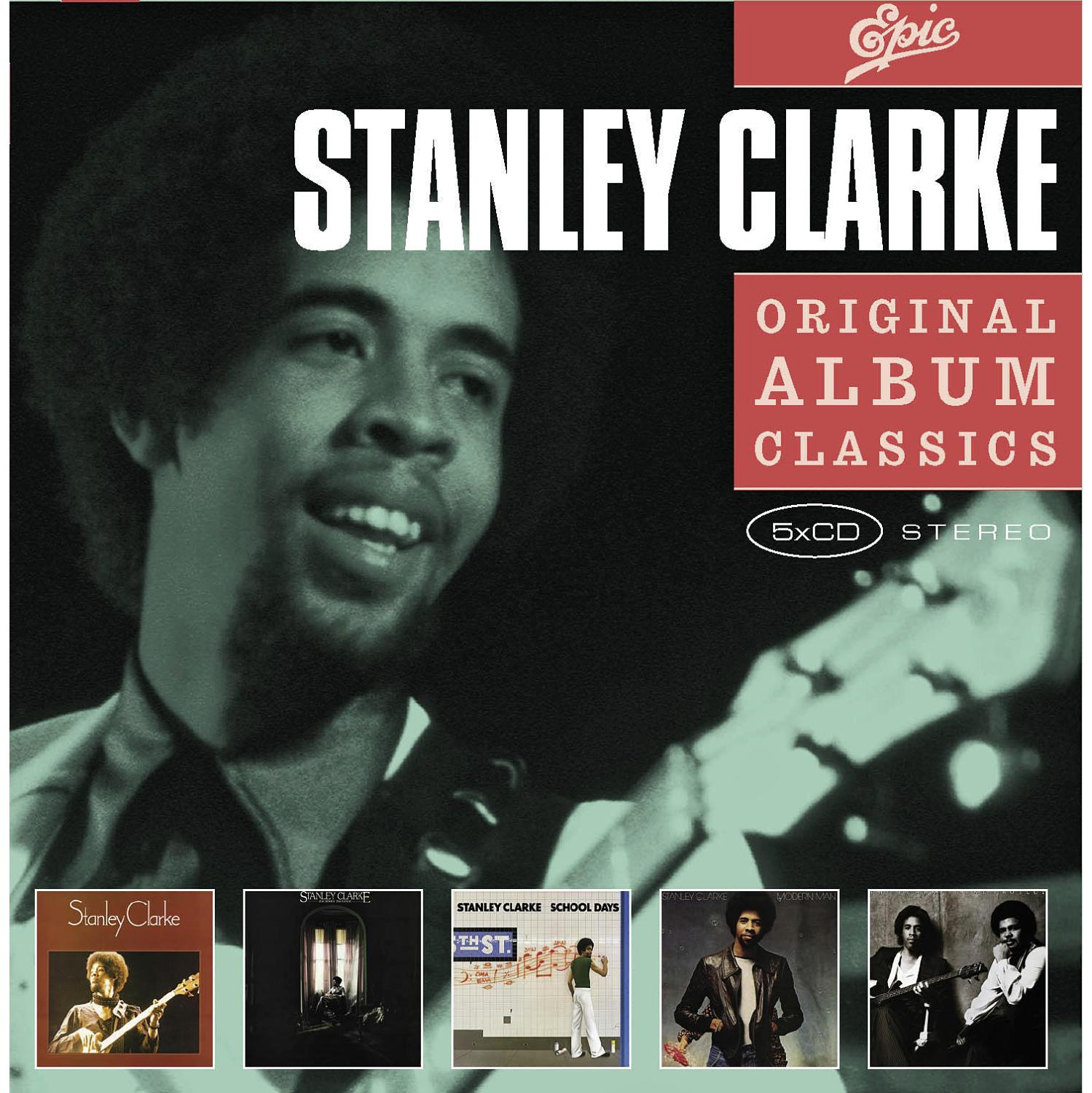 Stanley Clarke Albumcover mit Porträt und kleineren Albumcovern darunter.
