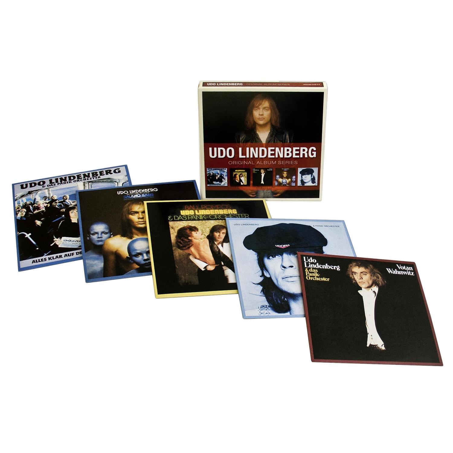 Eine Box mit Udo-Lindenberg-Albumcovern, die auf der Box ein Portrait des Künstlers zeigt.