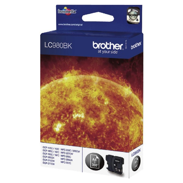 Brother LC980BK Tintenpatronenbox. Die Box hat ein Sonnenbild.