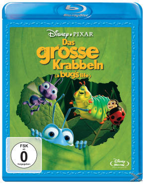 Blu-ray-Cover für 'Das große Krabbeln'. Mit Zeichentrick-Insektenfiguren auf einem grünen Blatt, vor hellblauem Hintergrund.