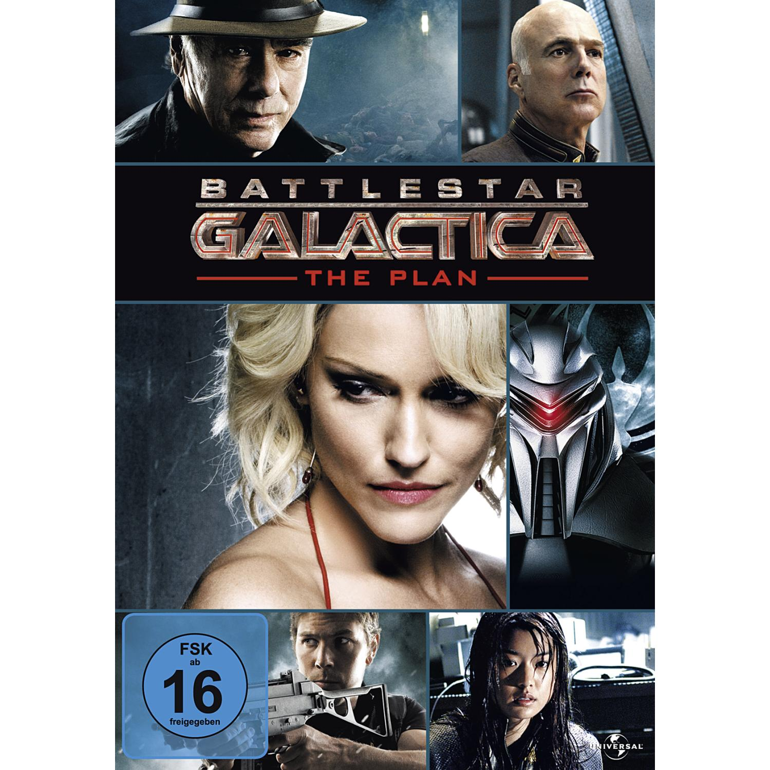 Battlestar Galactica DVD-Cover, mehrere Bilder von Charakteren, eines mit einem Roboter.