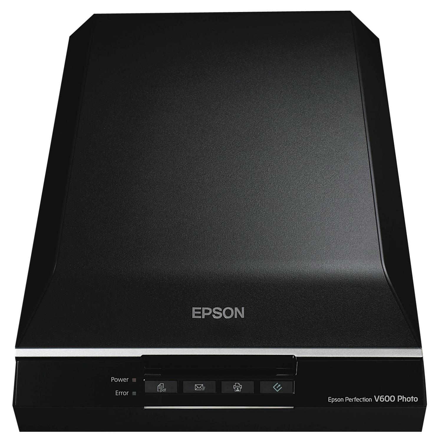 Ein schwarzer Epson Scanner. Der Scanner befindet sich auf einem weißen Hintergrund.