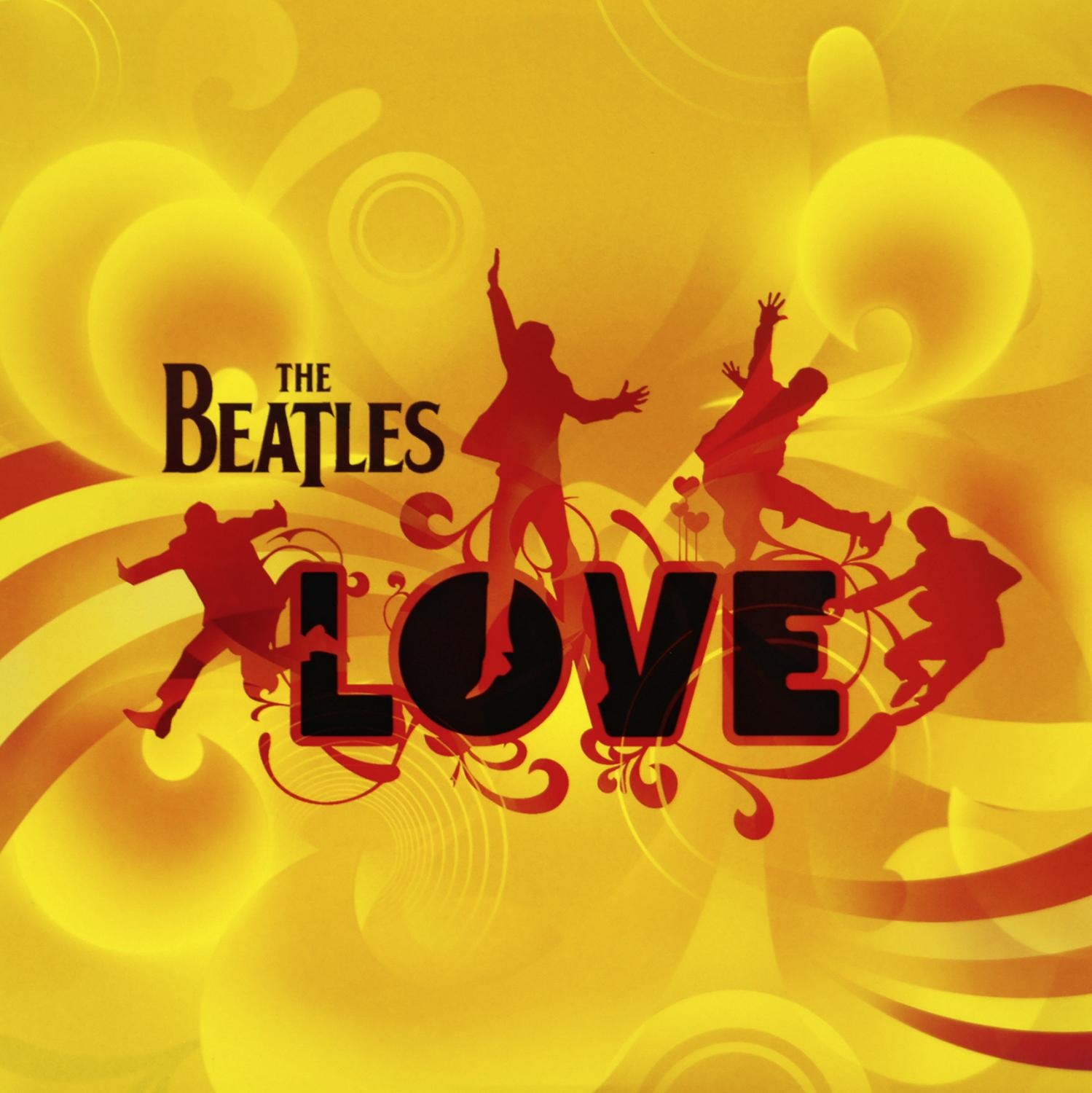 De Beatles 'LOVE' albumhoes. Silhouetten van bandleden, rood tegen een gele achtergrond.