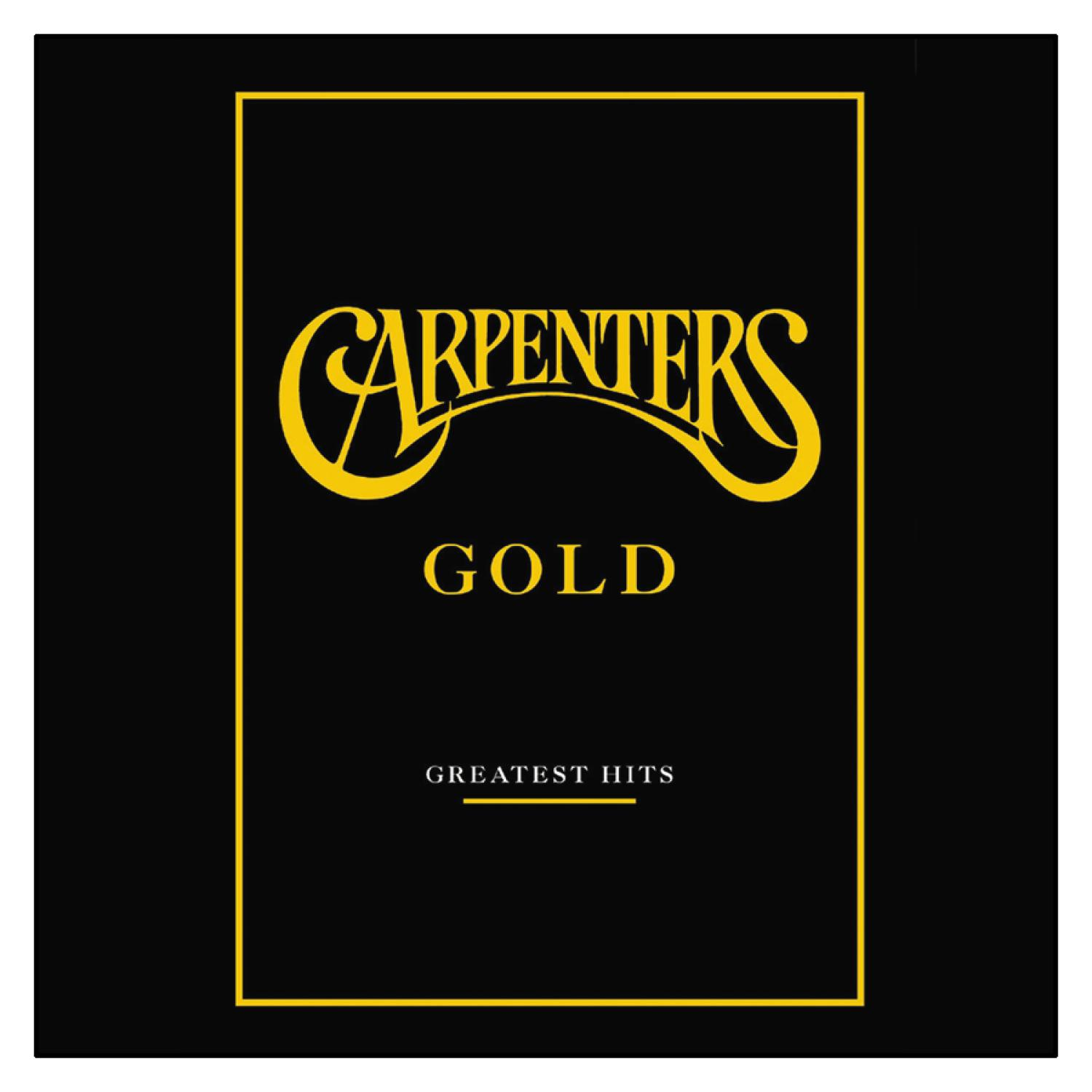 Carpenters Gold Albumcover. Goldener Text auf schwarzem Hintergrund, mit goldenem Rahmen.
