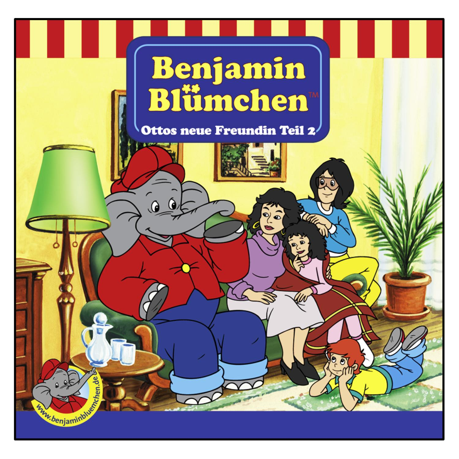 Cartoon von Benjamin Blümchen mit Freunden und Familie in einem Wohnzimmer.