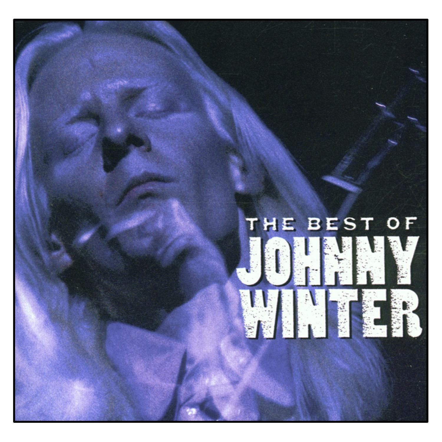 Johnny Winter Albumcover. Nahaufnahme des Gesichts in Blautönen. Albumtitel 'The Best Of' sichtbar.