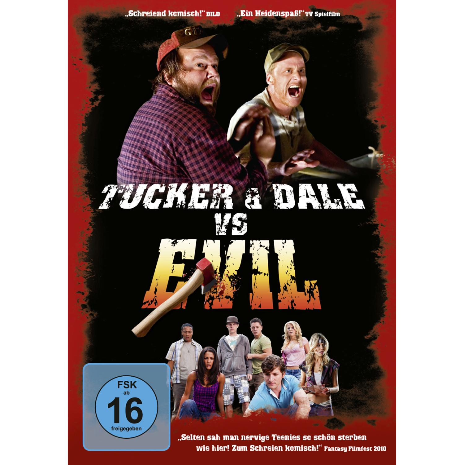 Filmcover für „Tucker & Dale vs Evil“ mit zwei schreienden Männern, Axt und Darstellern.