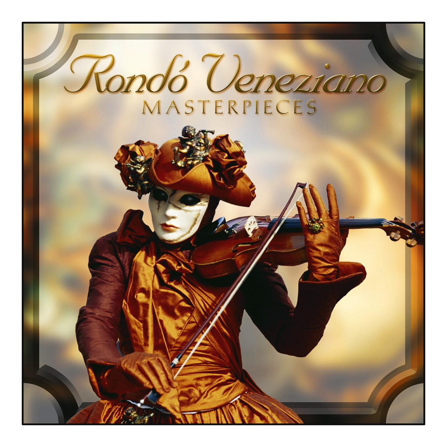 Albumcover mit einer Person mit Maske, die Geige spielt, mit goldenem Rahmen.