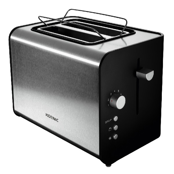 Dwuszczelinowy toster ze stali nierdzewnej i czarnego plastiku, z elementami sterującymi.