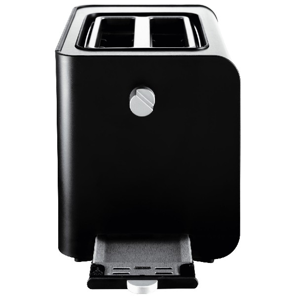 Czarny toster z dwoma otworami i srebrnym pokrętłem.