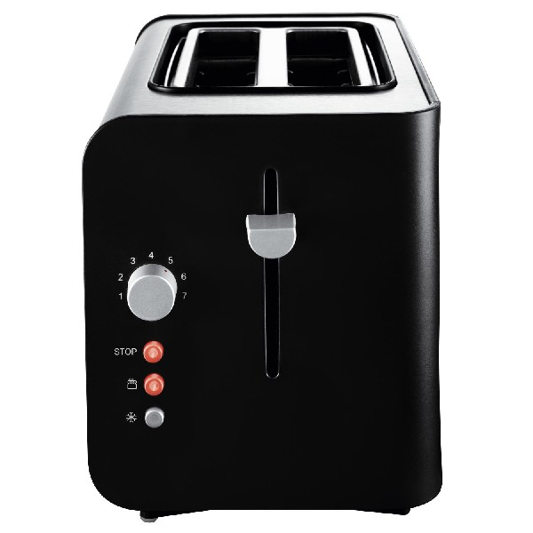 Czarny toster z dwoma otworami, panelem sterowania i przyciskiem stop.