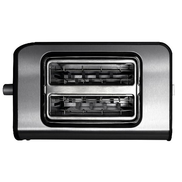 Srebrny toster z dwoma otworami i czarną dźwignią.