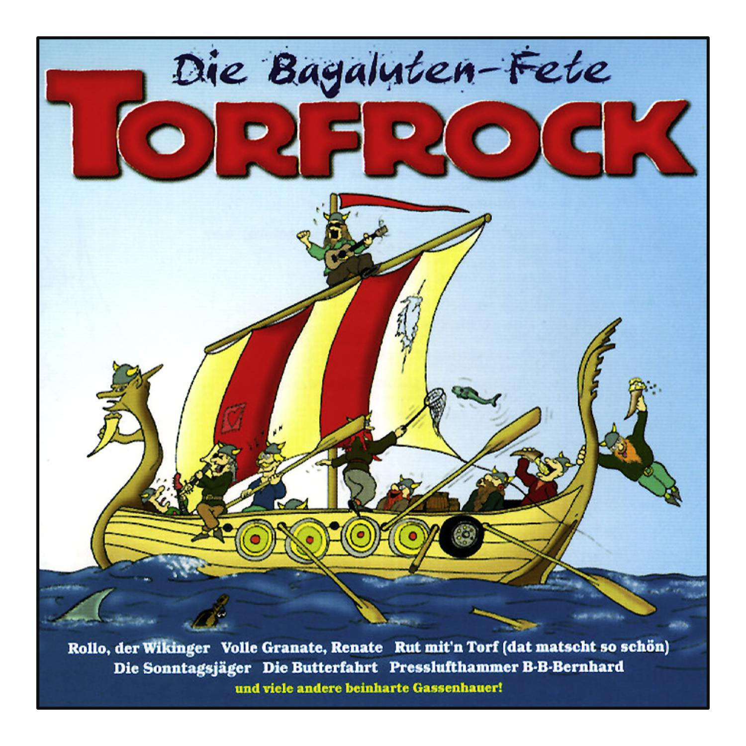 Cartoonbild eines Wikingerschiffs mit Menschen darin. Der Text oben lautet Torfrock. Anderer Text unten.