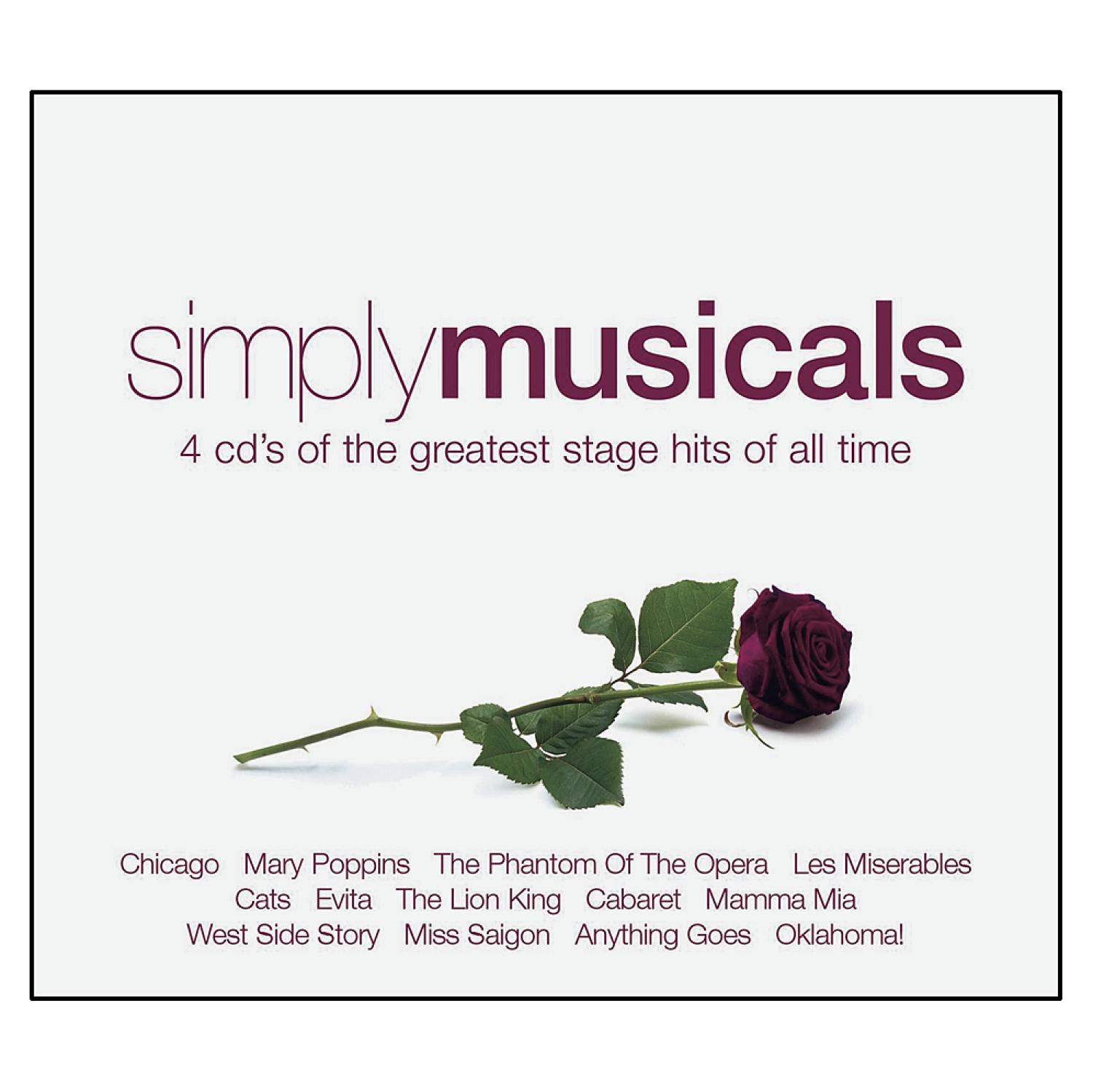 CD-Cover mit Titel 'simplymusicals', Rose und Musiktiteln.