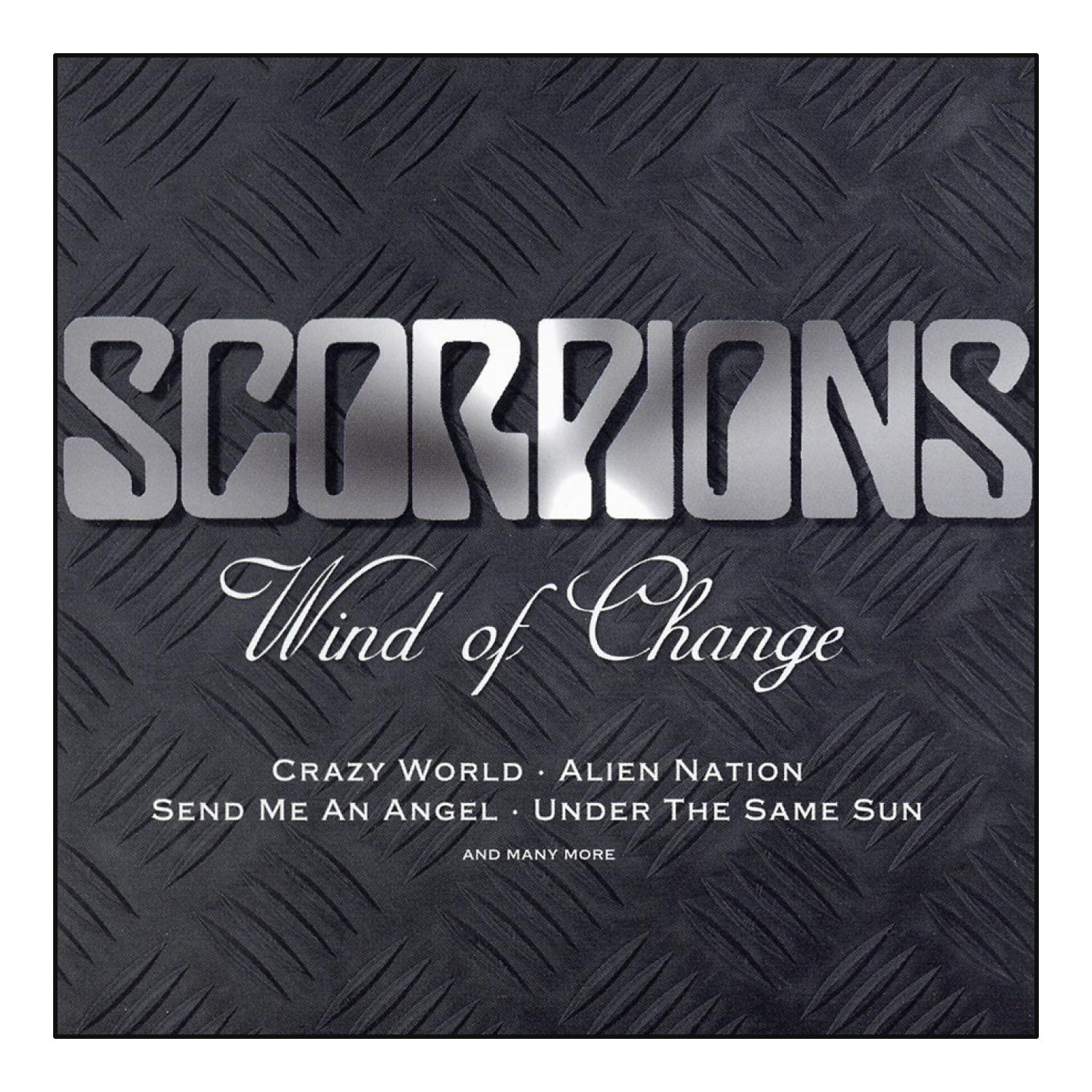 Scorpions-Albumcover. Silberner Text auf strukturiertem Hintergrund, Songtitel unten.