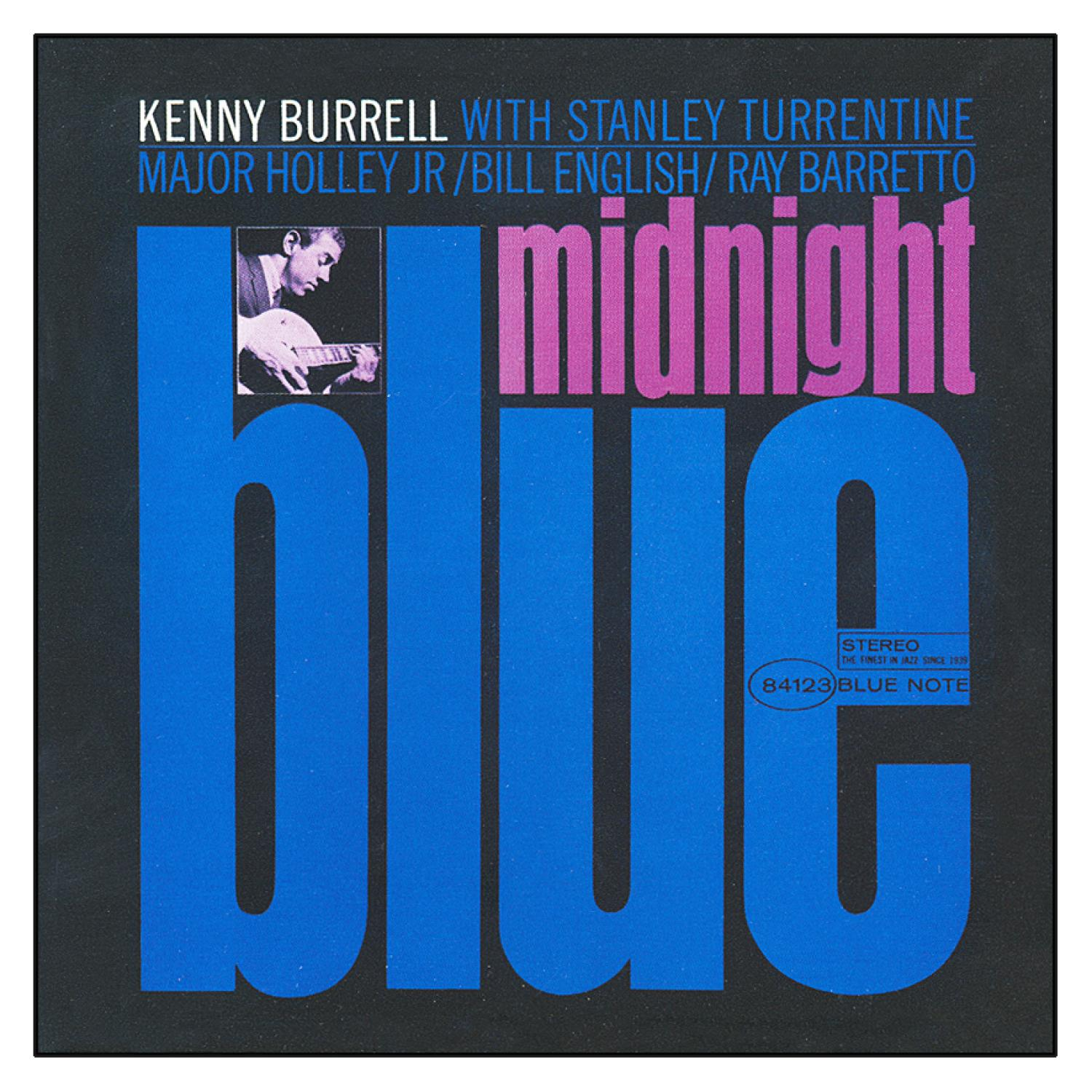 Albumcover: Kenny Burrell, Midnight Blue Text, ein Mann spielt Gitarre, blauer Hintergrund.
