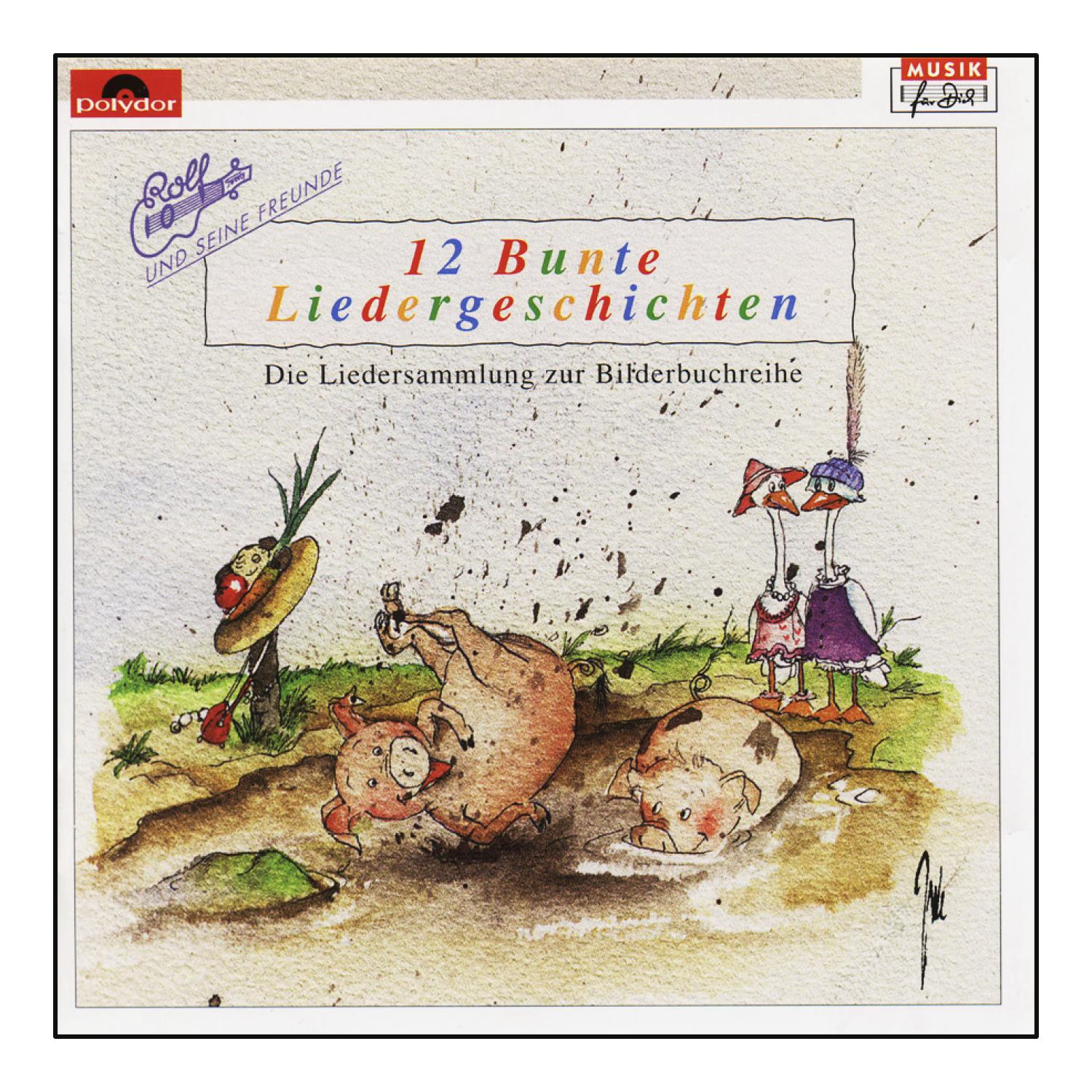 Albumcover mit Comic-Schweinen, Gänsen und Sonnenhut. Buntes und verspieltes Design.