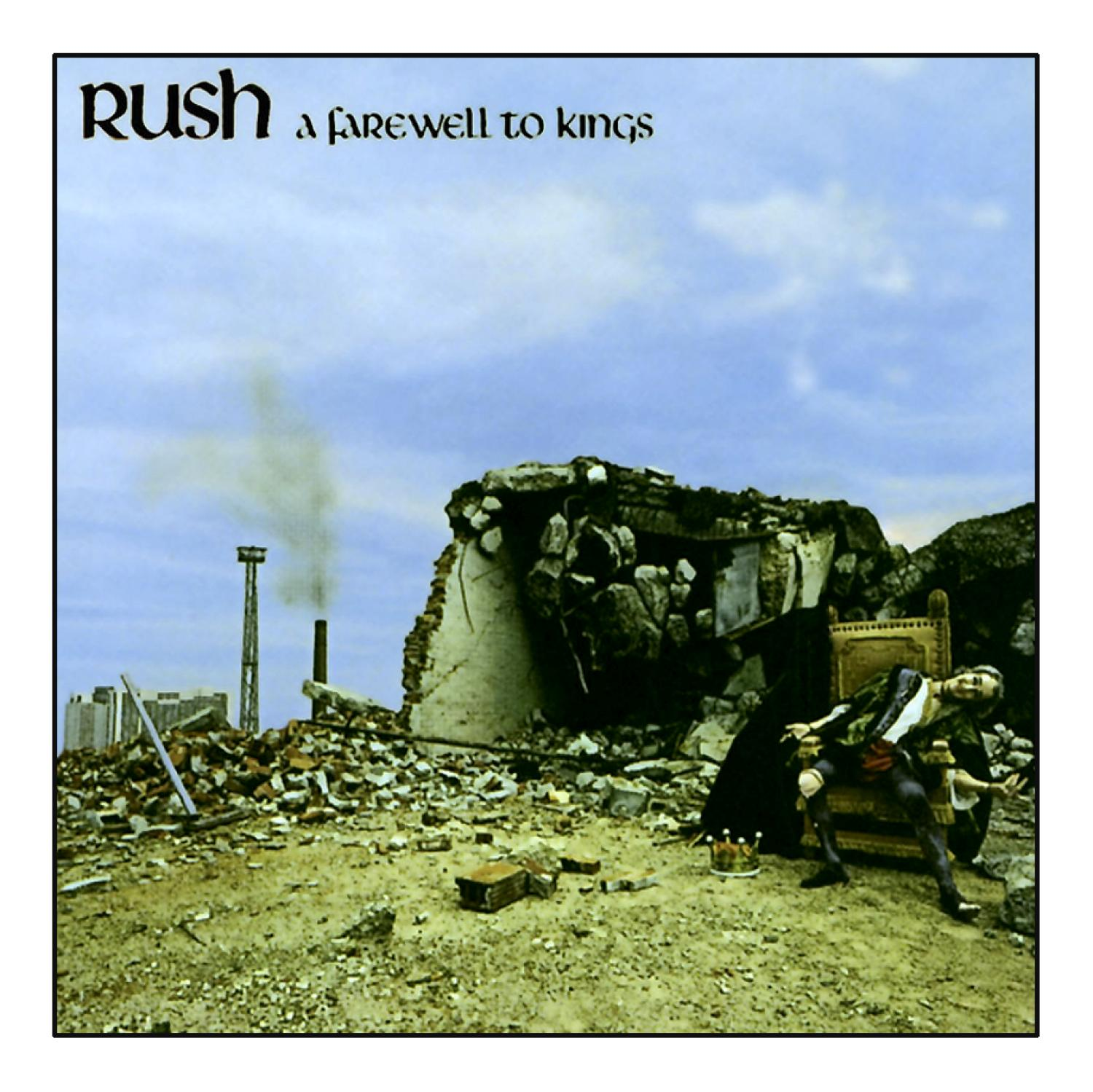 Albumcover von Rush. Ein zerstörtes Gebäude mit einer sitzenden Figur. Bewölkter Himmel und zerstörte Landschaft.