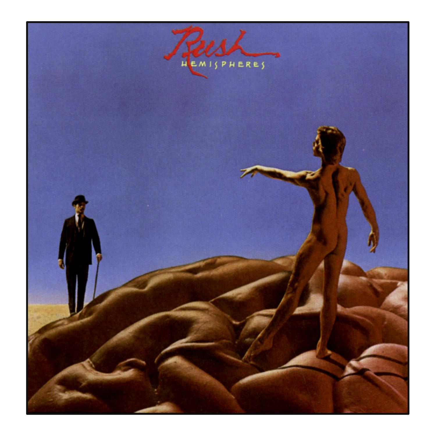 Rush Albumcover, Hemispheres. Ein nackter Mann steht auf einer fleischartigen Landschaft, ein Mann im Hintergrund.