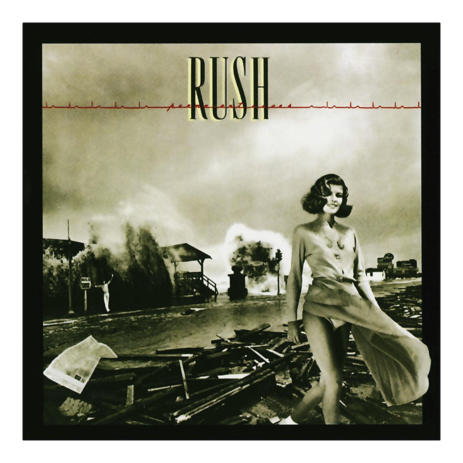 Albumcover: RUSH. Eine Frau geht auf einer überfluteten Straße, Sturm im Hintergrund.