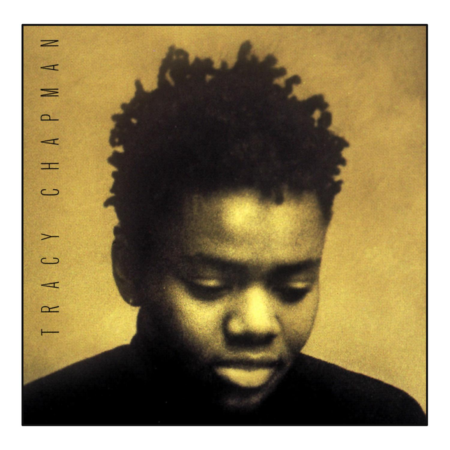 Albumcover, Gesicht eines schwarzen Mannes, goldener und schwarzer Text, Tracy Chapman.