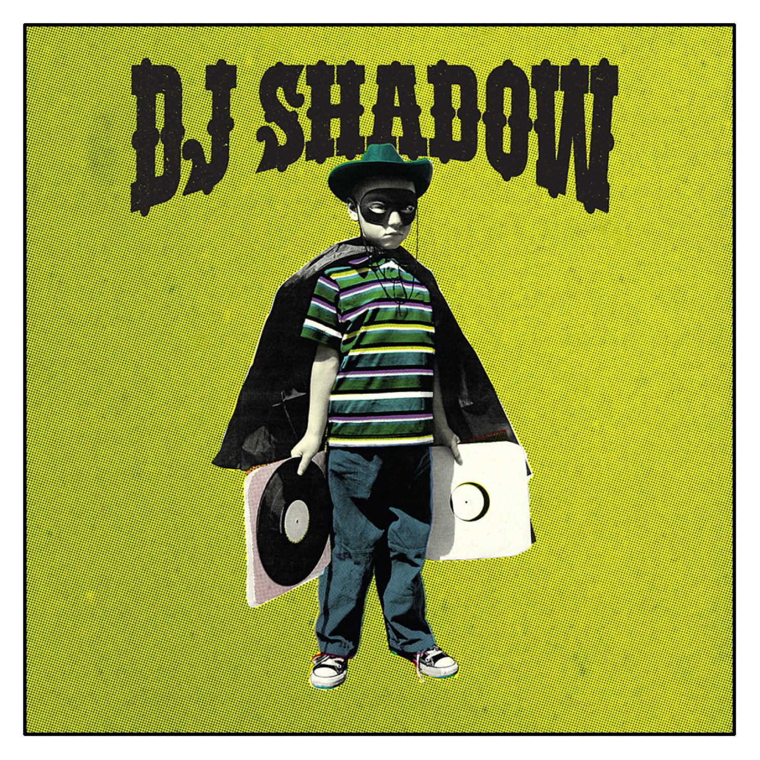 DJ Shadow Albumcover. Ein Junge mit Maske und Umhang hält Schallplatten, grüner/gelber Hintergrund.