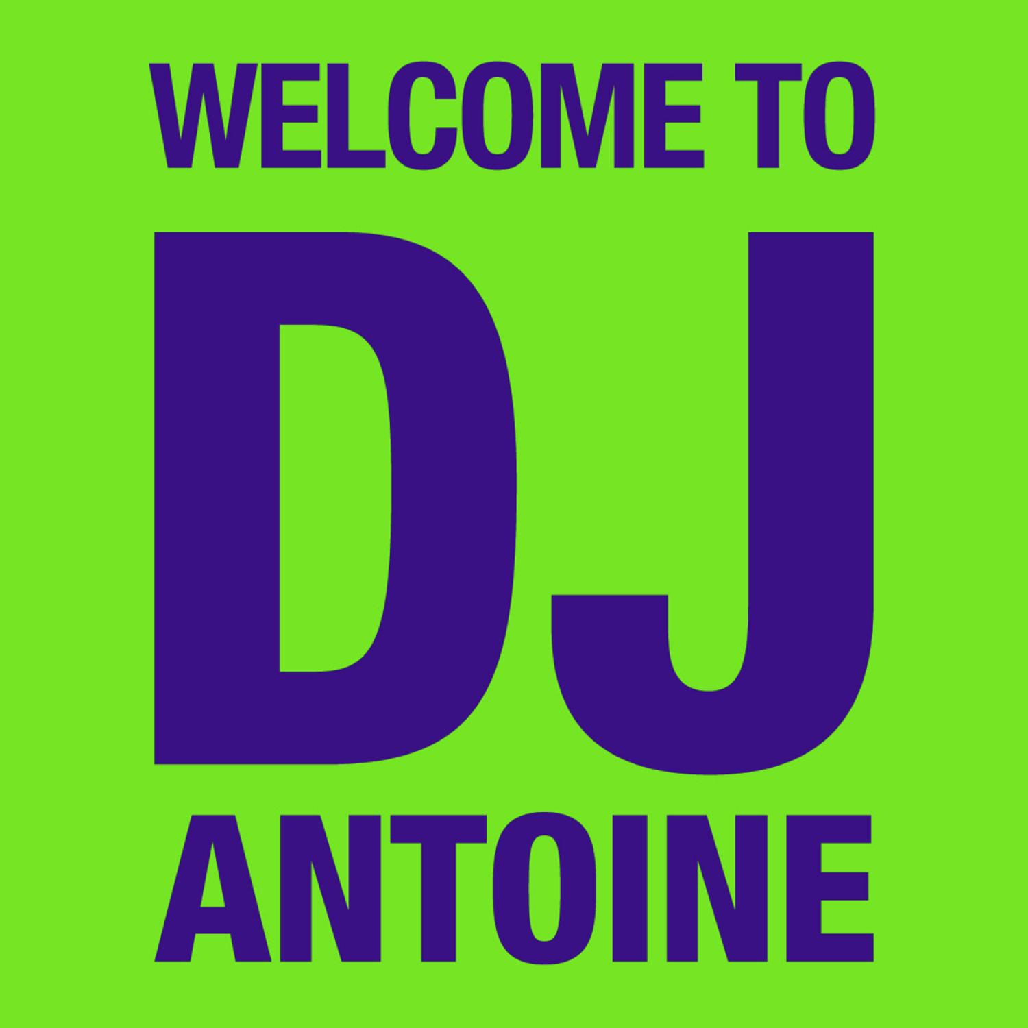 Grüner Hintergrund mit den Worten „Welcome to DJ Antoine“ in Lila.