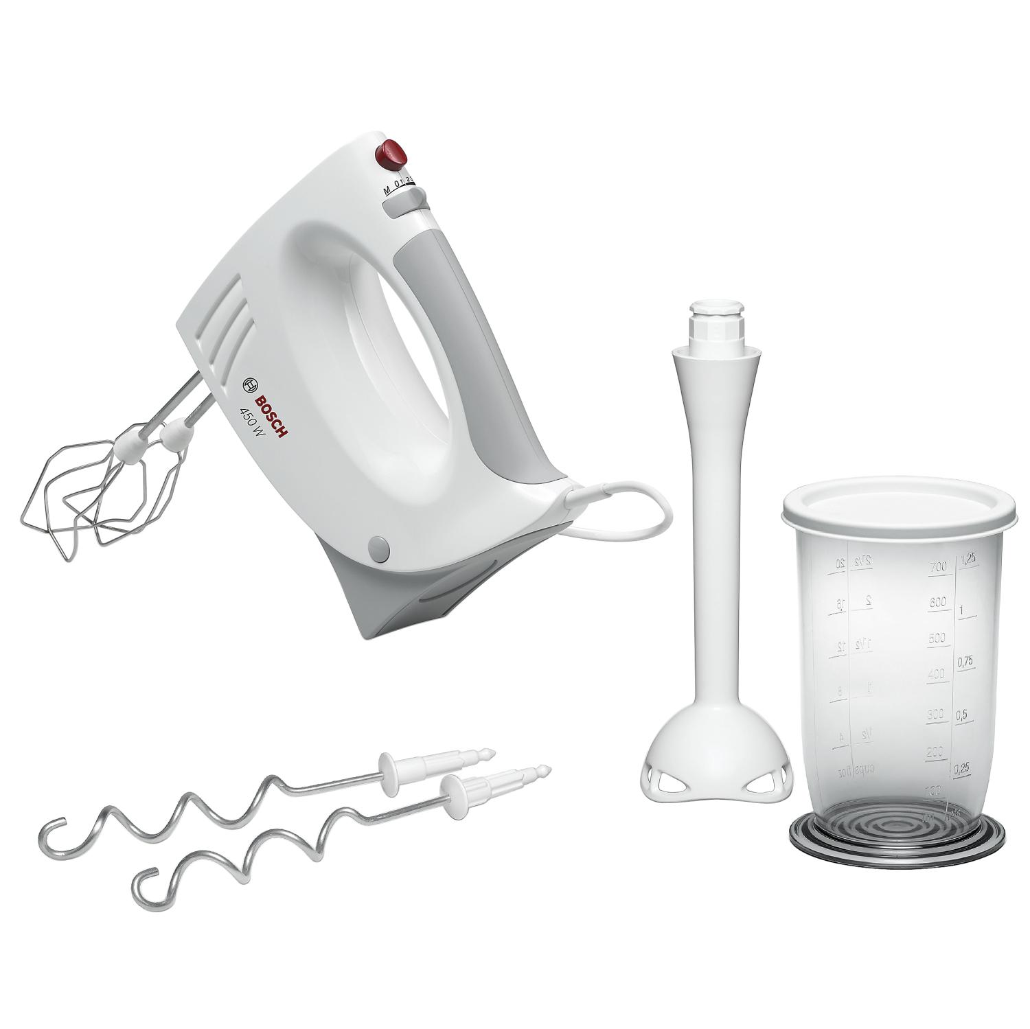 Mixeur plongeant Bosch blanc avec accessoires et un gobelet doseur transparent.