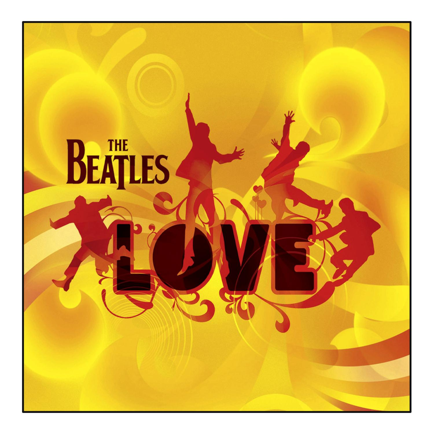 De albumhoes van The Beatles met silhouetten van de bandleden die over het woord "LOVE" springen.