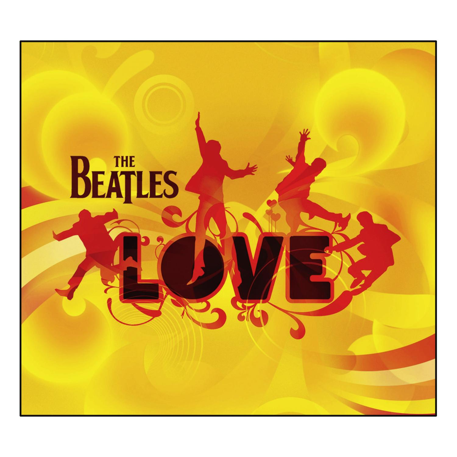 Albumhoes voor The Beatles LOVE. Rode silhouetten van mensen dansen rond het woord LOVE. Gele achtergrond met cirkels.