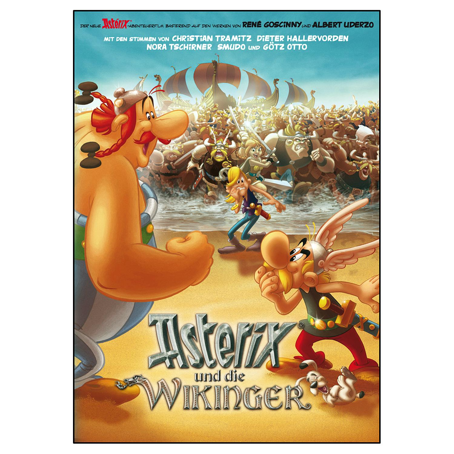 Asterix und die Wikinger DVD-Cover mit Zeichentrickfiguren am Strand.