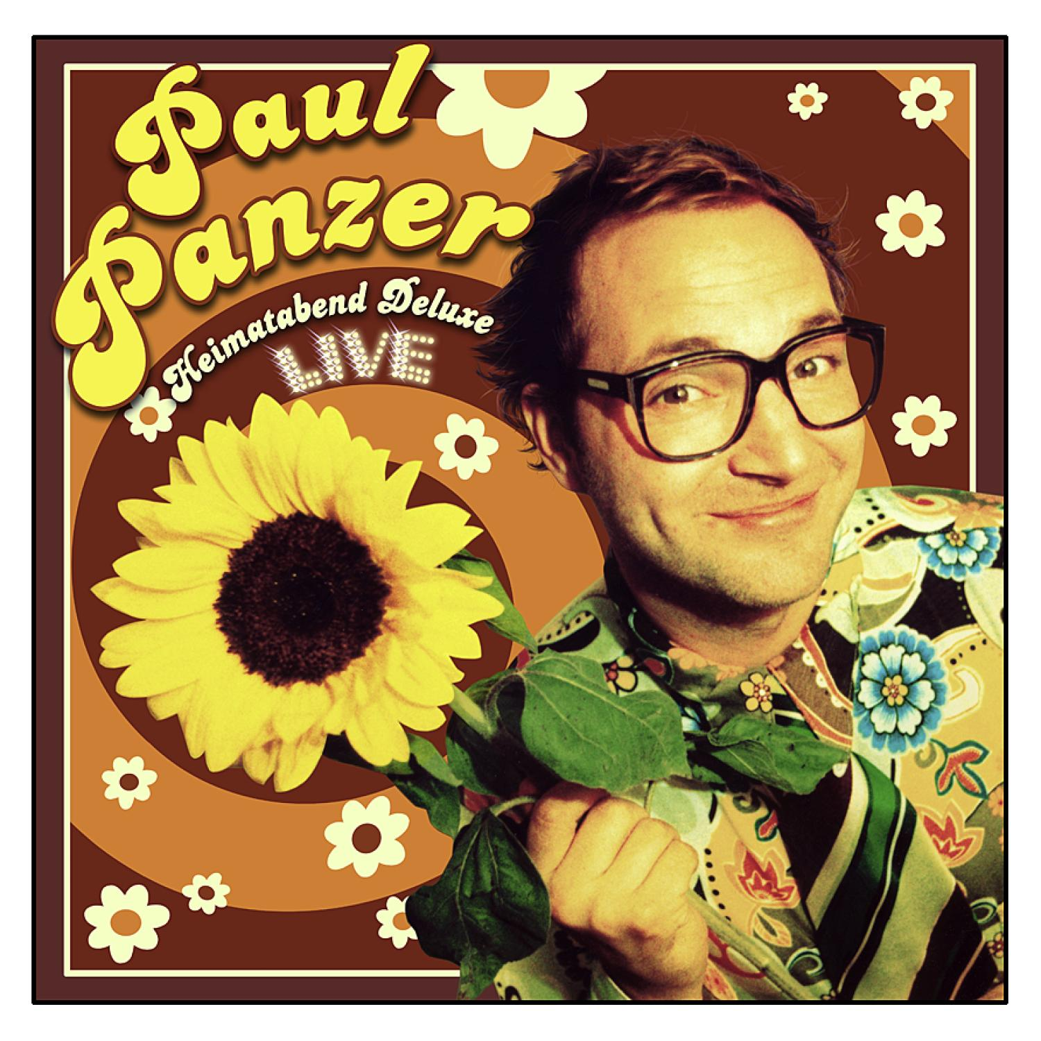 Paul Panzer Albumcover. Mann mit Brille hält eine Sonnenblume, und Albumdetails.