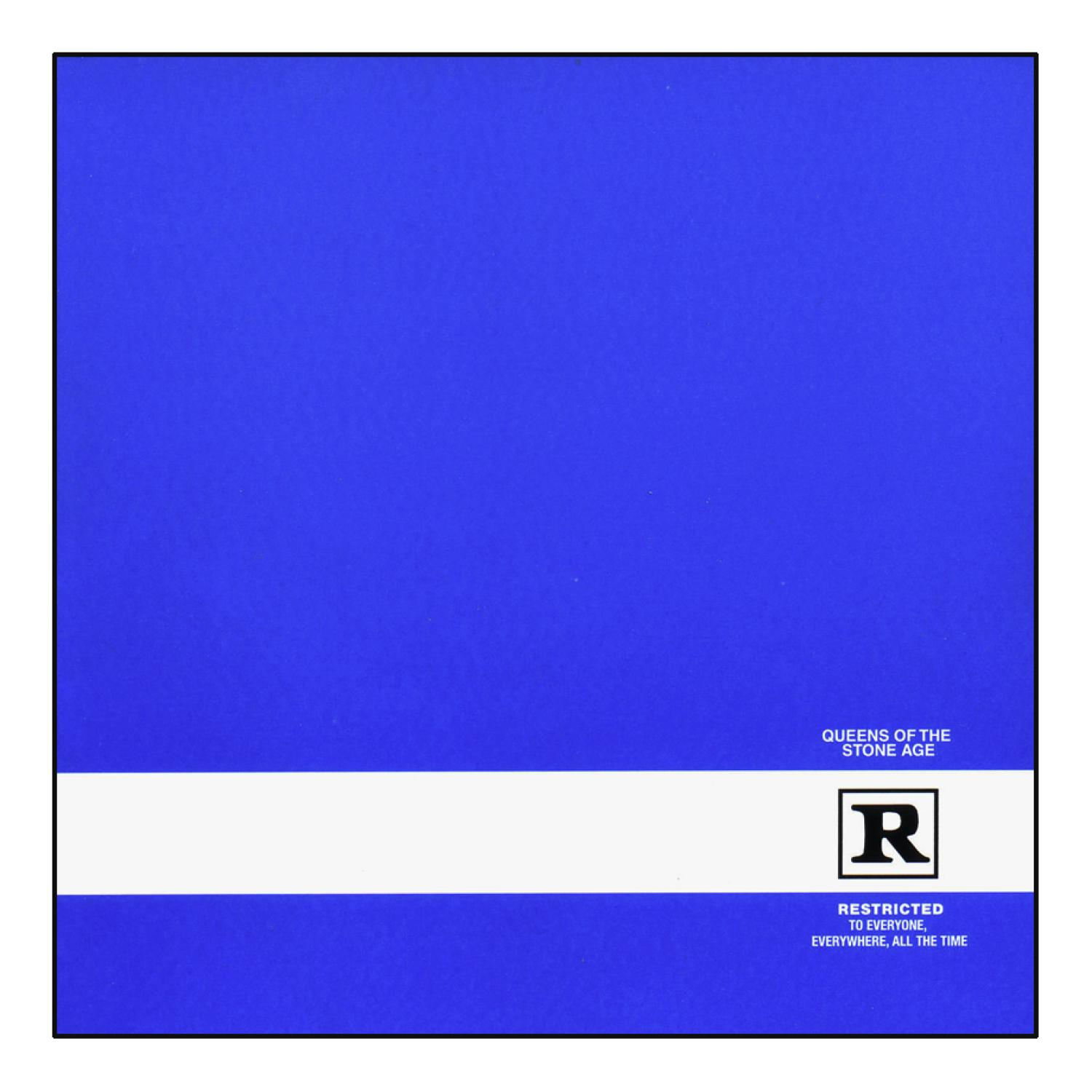 Pochette d'album, bleu uni avec une bande blanche et la lettre 'R'. Texte 'Restricted' en bas.