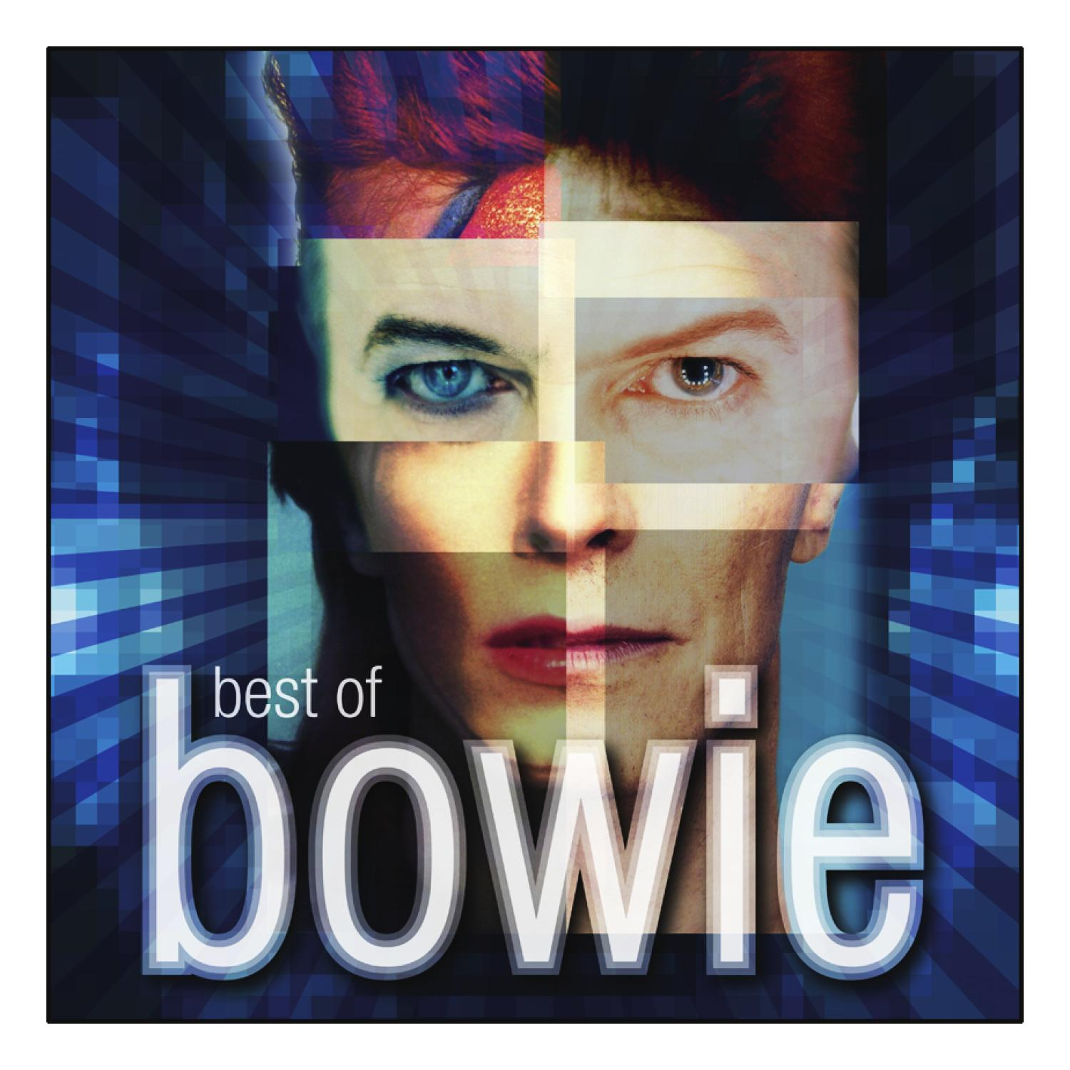 Cover-Art mit geteiltem Gesicht von David Bowie und dem Text "best of bowie" auf blauem Hintergrund.