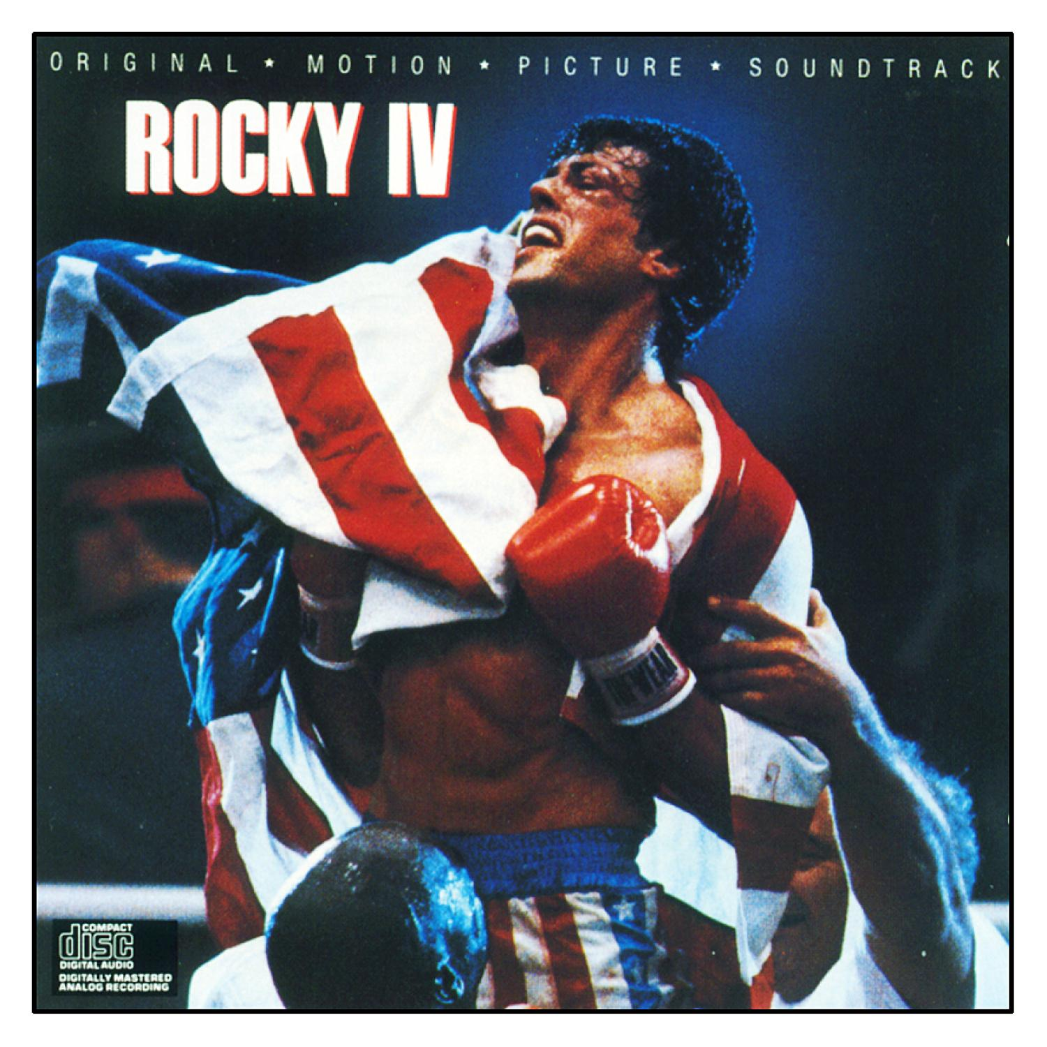 Albumcover: Boxer mit amerikanischer Flagge, 'ROCKY IV' Soundtrack, rote Handschuhe.