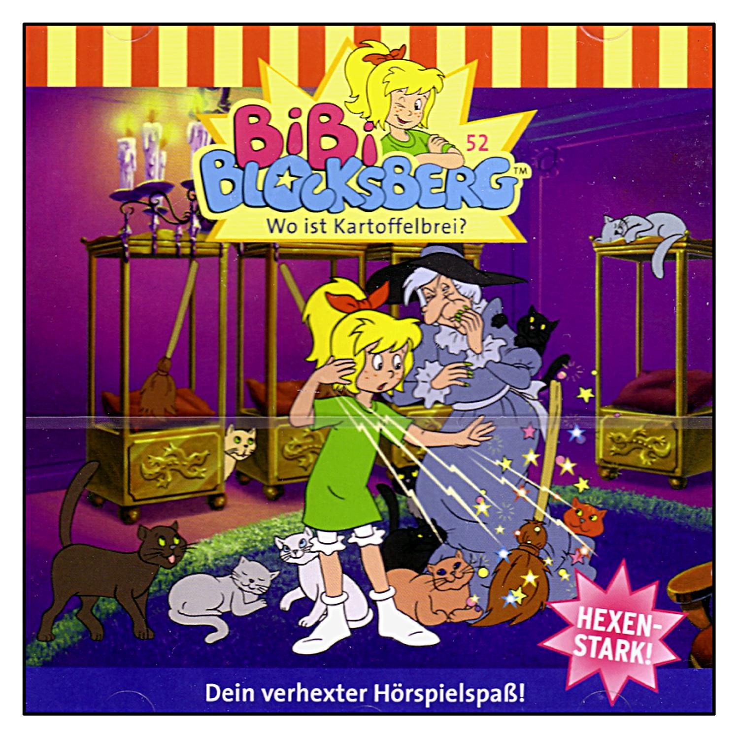 Bibi Blocksberg Zeichentrick-DVD-Cover. Bibi und Hexe mit Katzen. Text: 'Wo ist Kartoffelbrei?'.
