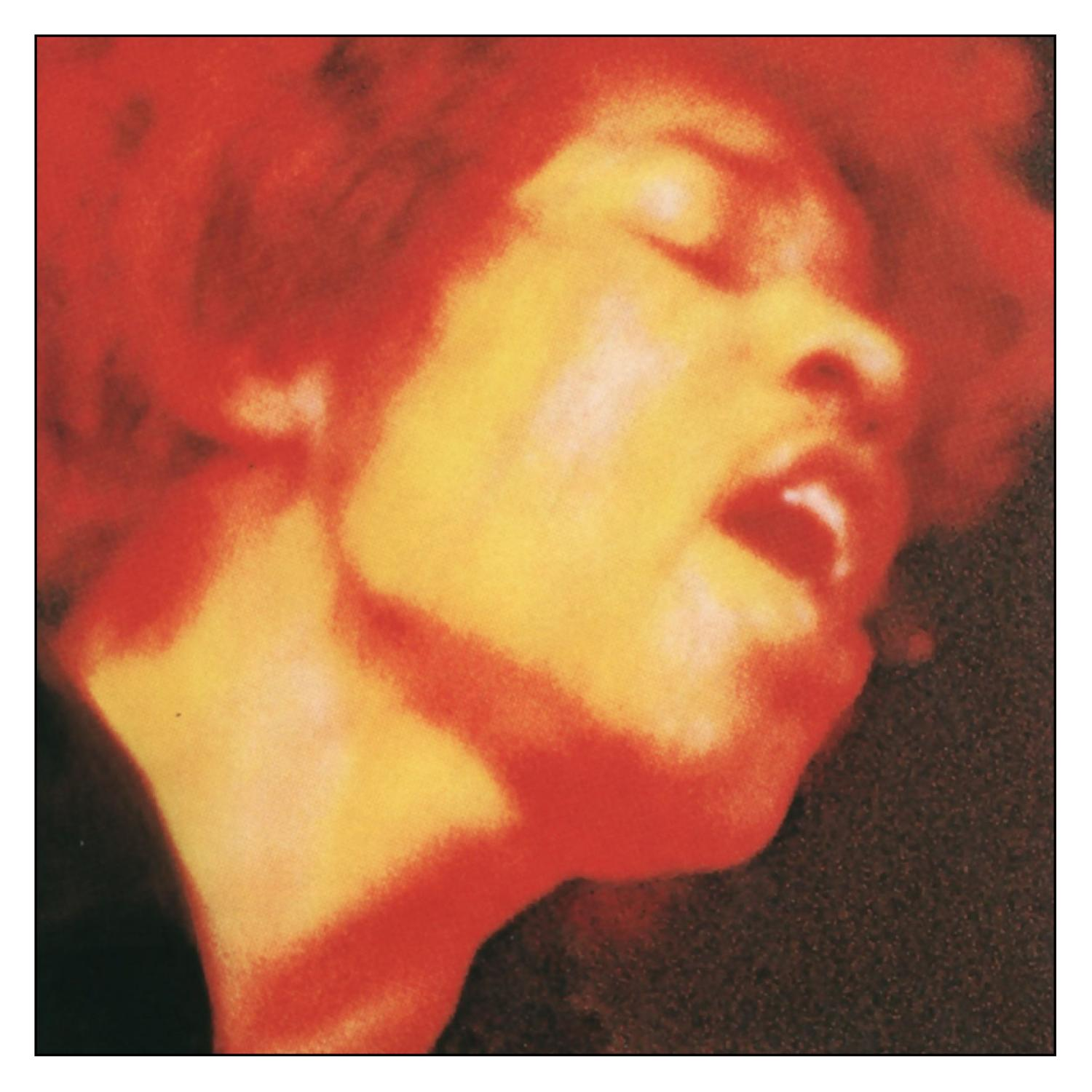 Nahaufnahme eines Mannes, Jimi Hendrix, Orange- und Gelbtöne, Augen geschlossen, Mund offen.