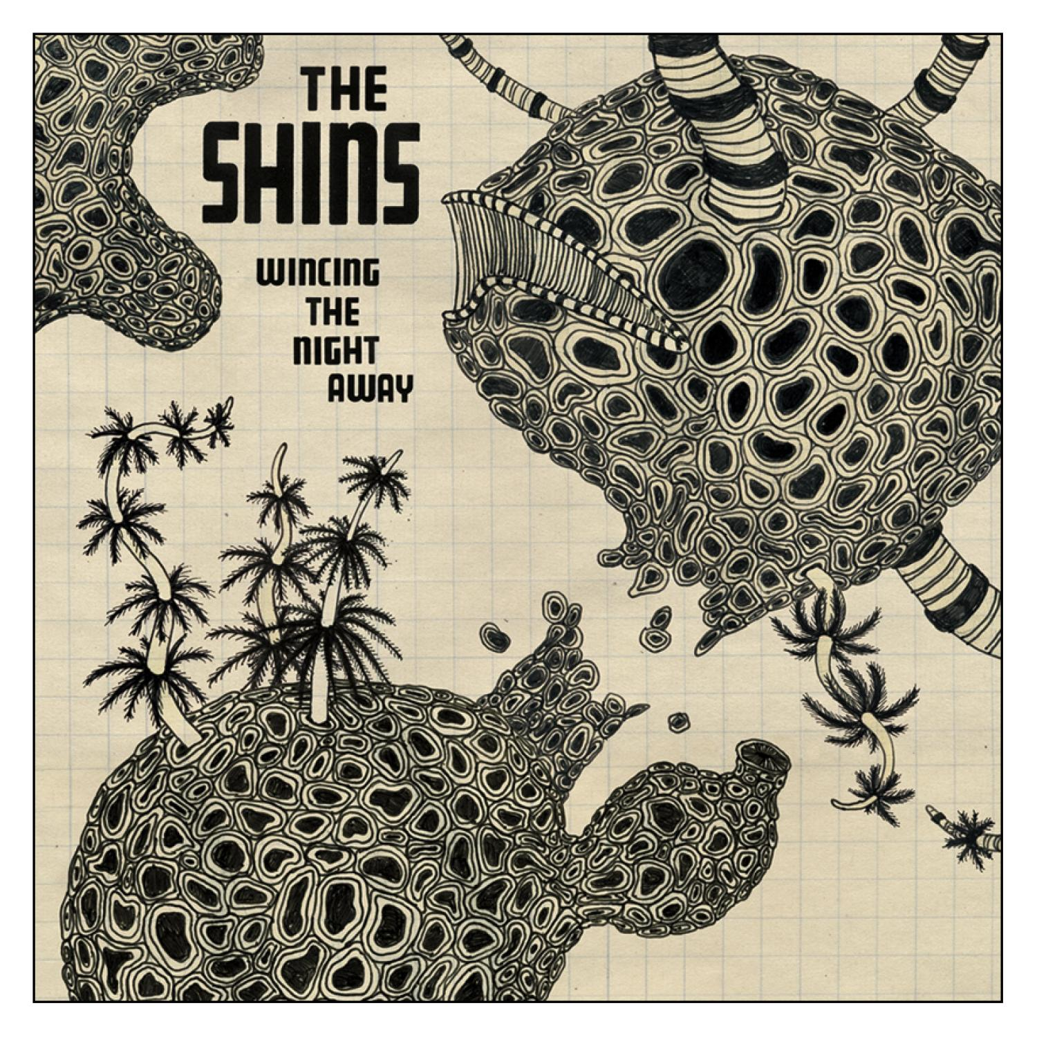 The Shins Albumcover: Abstrakte schwarz-weiße Formen und Palmen auf kariertem Hintergrund.