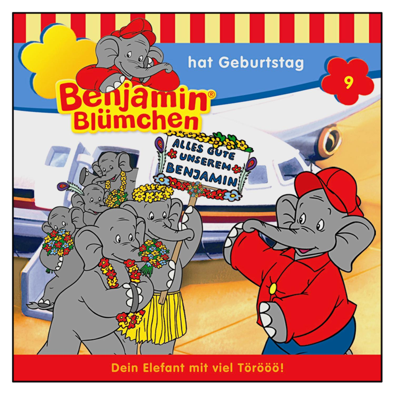 Cover von 'Benjamin Blümchen hat Geburtstag'. Ein Elefant mit rotem Hut und Jacke.