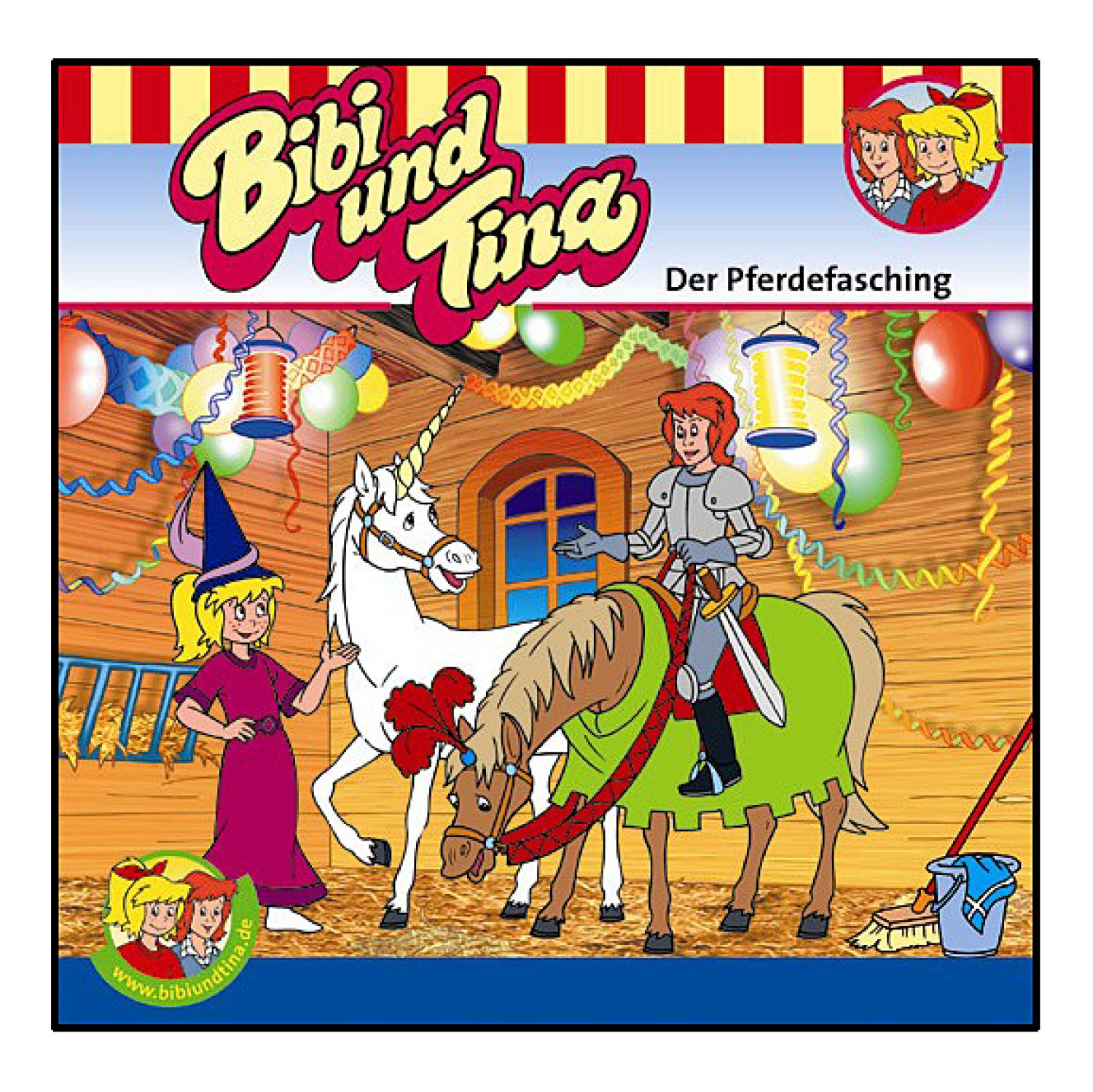 Bibi und Tina Buchcover. Ein Mädchen reitet ein Pferd in einem Stall.