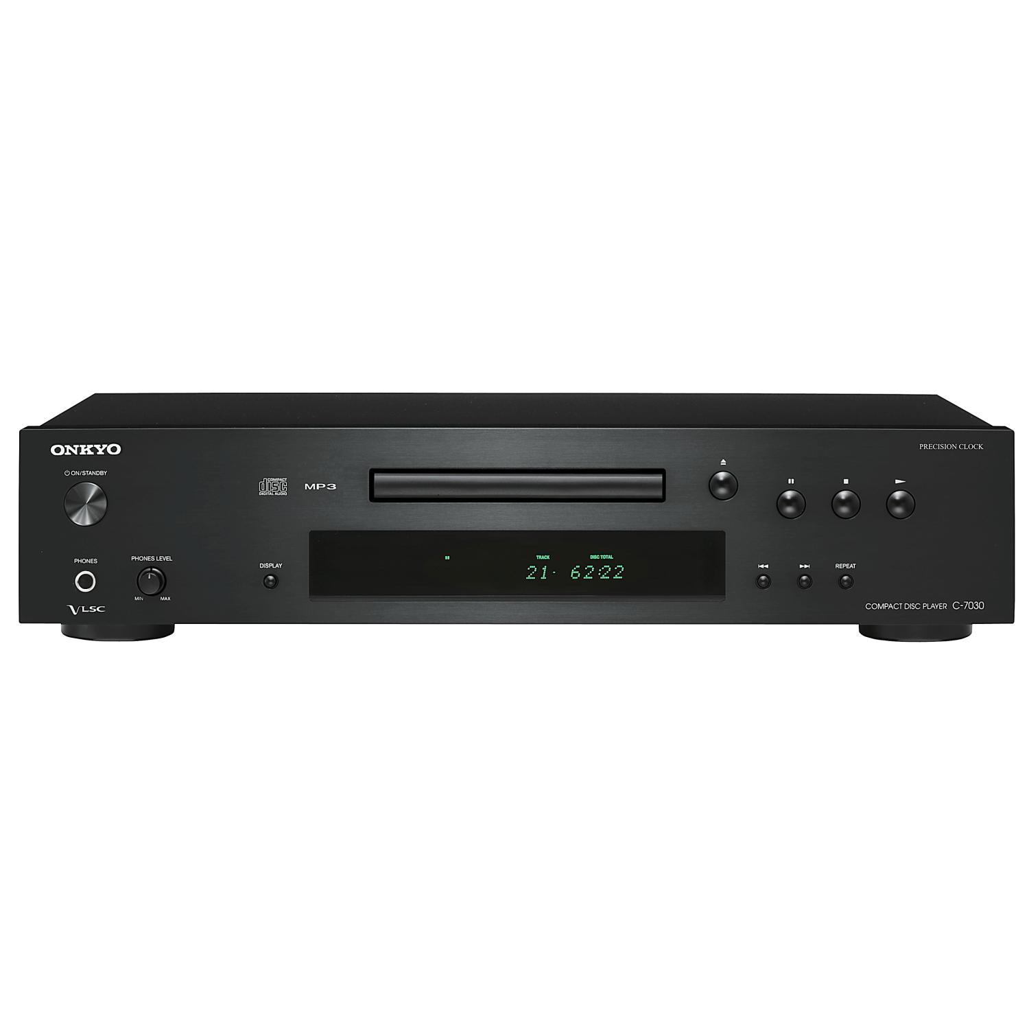 Schwarzer Onkyo CD-Player. Er hat Knöpfe und ein Display mit der Uhrzeit.