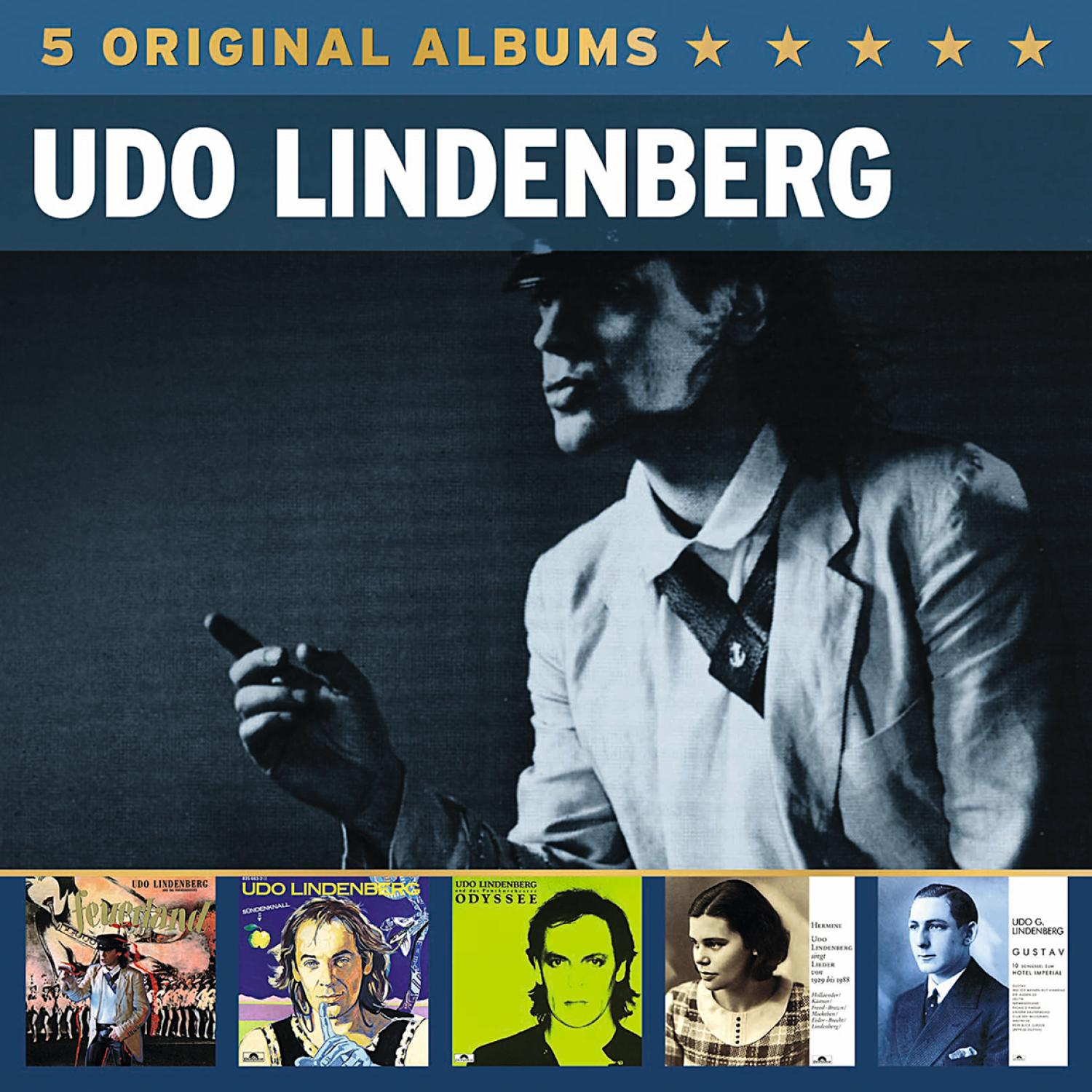 Albumcover mit Udo Lindenberg, mit 5 Albumcovern am unteren Rand. Titel: 5 Original Alben.