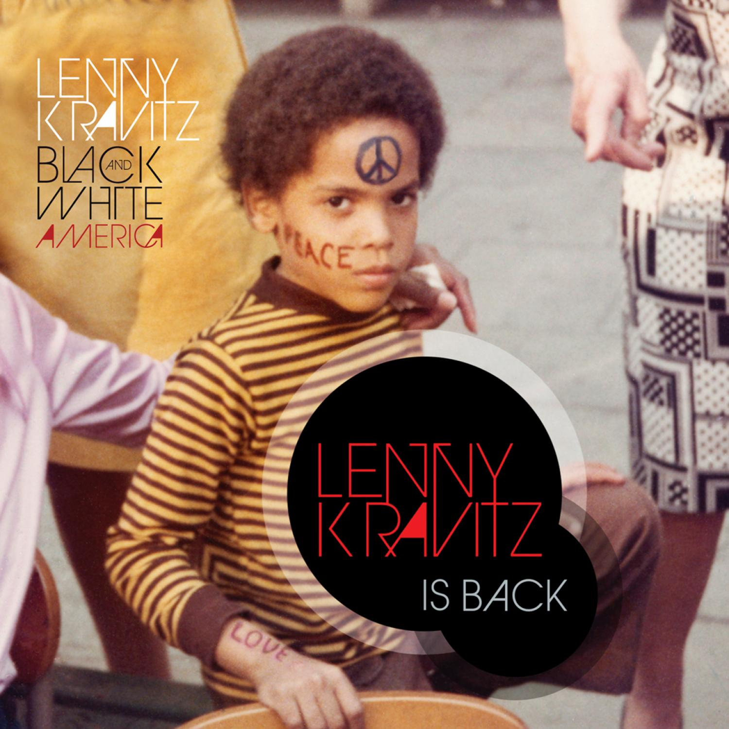 Junge mit Friedenszeichen im Gesicht, Lenny Kravitz Albumcover, Retro-Stil, Text: Lenny Kravitz is back.