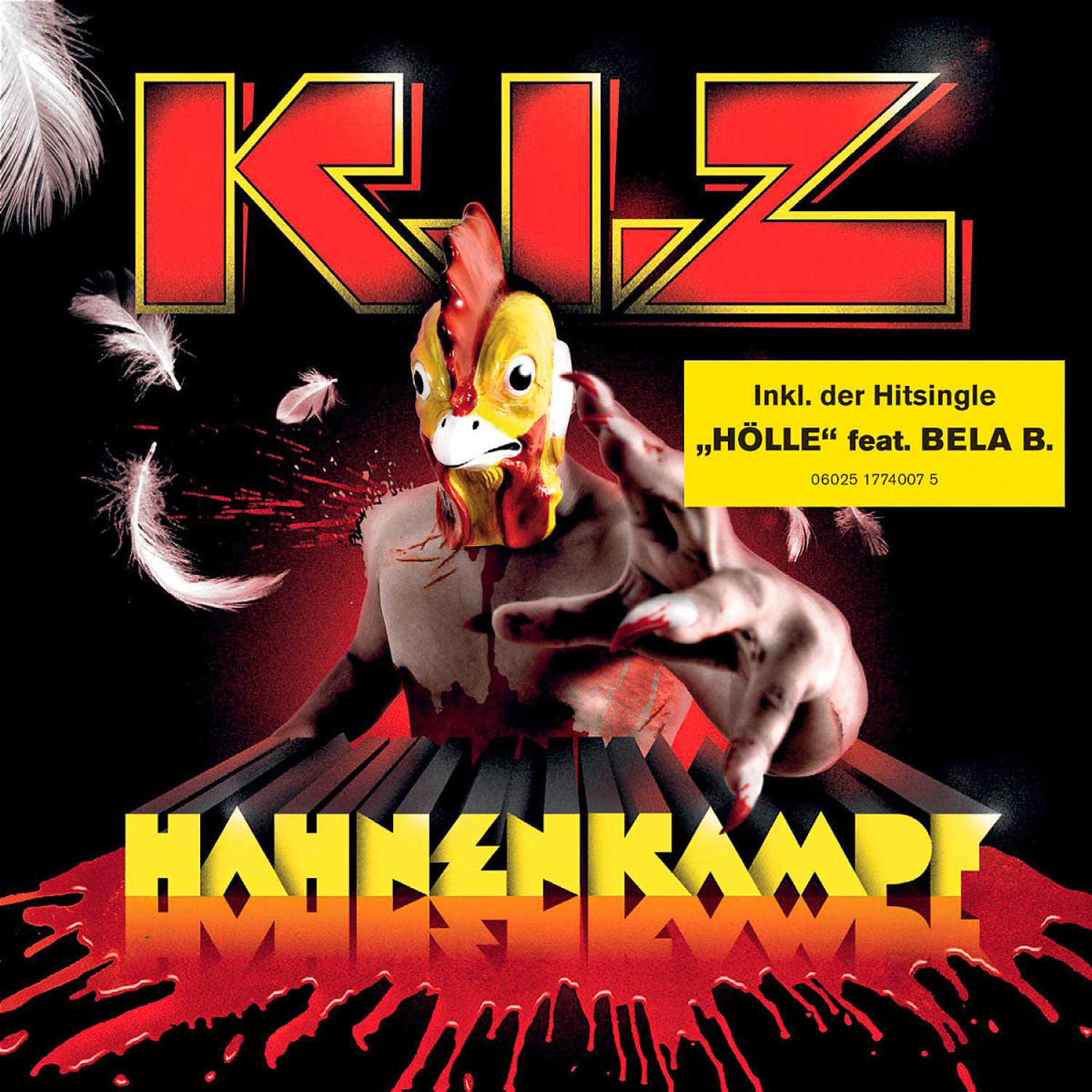 Albumcover mit einer hühnerköpfigen Figur und Text in Rot und Gelb.
