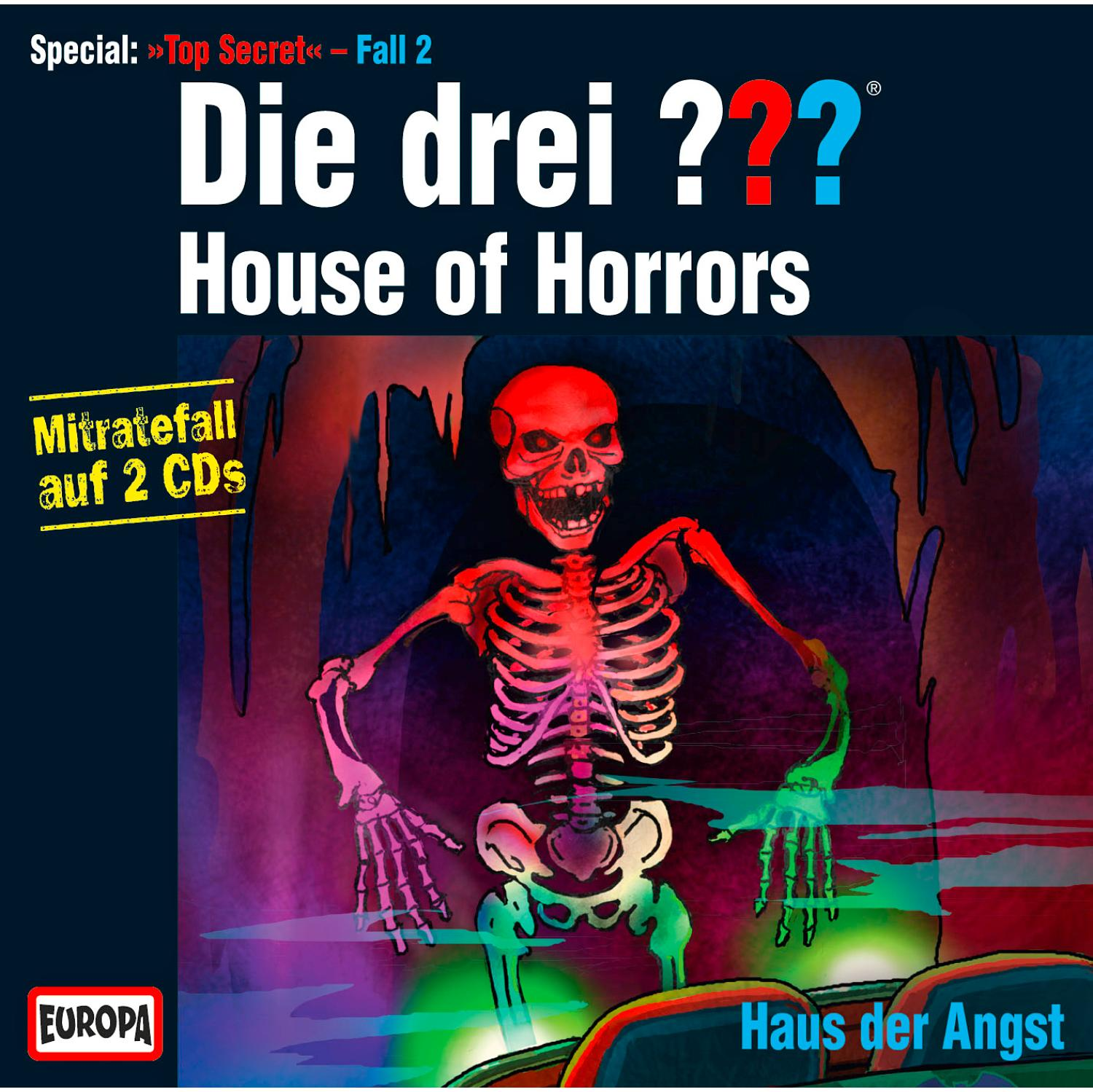 Cover von 'Die drei ??? House of Horrors'. Skelett in einer Höhle. Rote und blaue Farben.