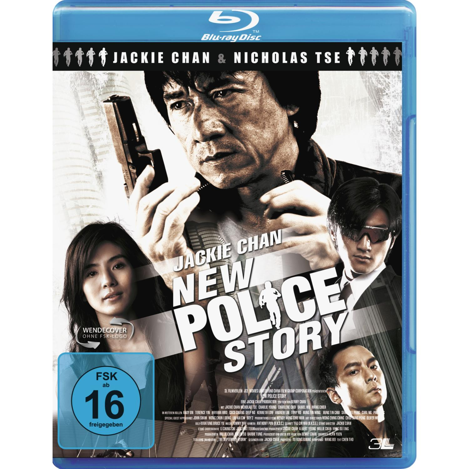 Blu-ray-Cover für 'New Police Story'. Jackie Chan und andere. Der Titel in großer Schrift.