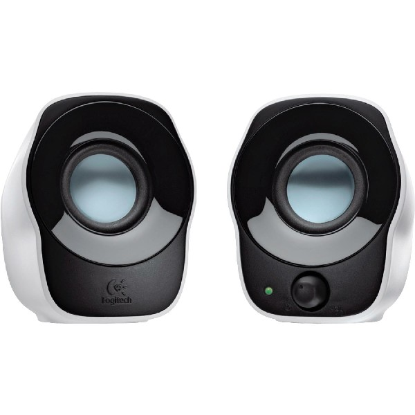 Zwei schwarz-weiße Logitech-Lautsprecher. Jeder hat ein mittiges Lautsprecherloch.