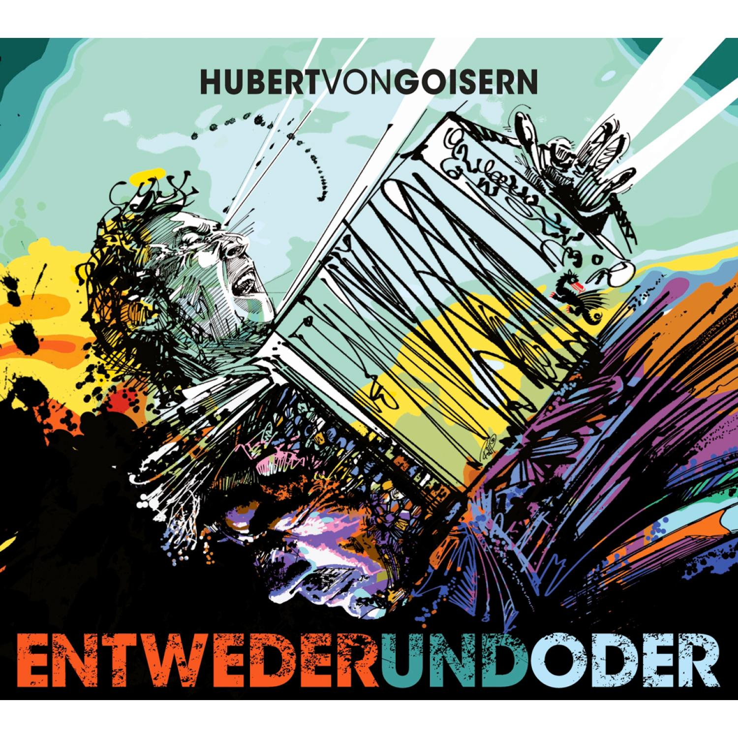Albumcover: Ein Mann mit schockiertem Ausdruck, eine Hand greift, bunter abstrakter Hintergrund.