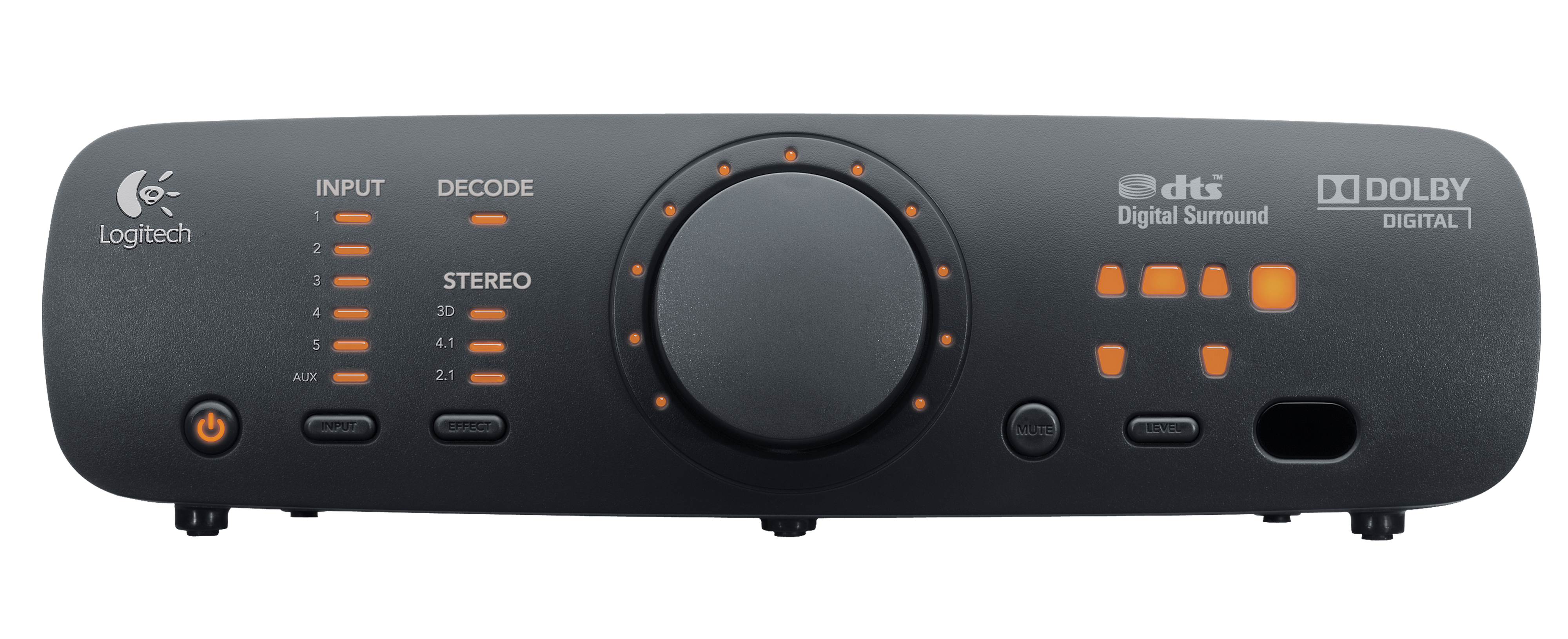 Schwarze Logitech-Audio-Steuerkonsole mit großem zentralen Lautstärkeregler und beleuchteten orangen LED-Anzeigen.