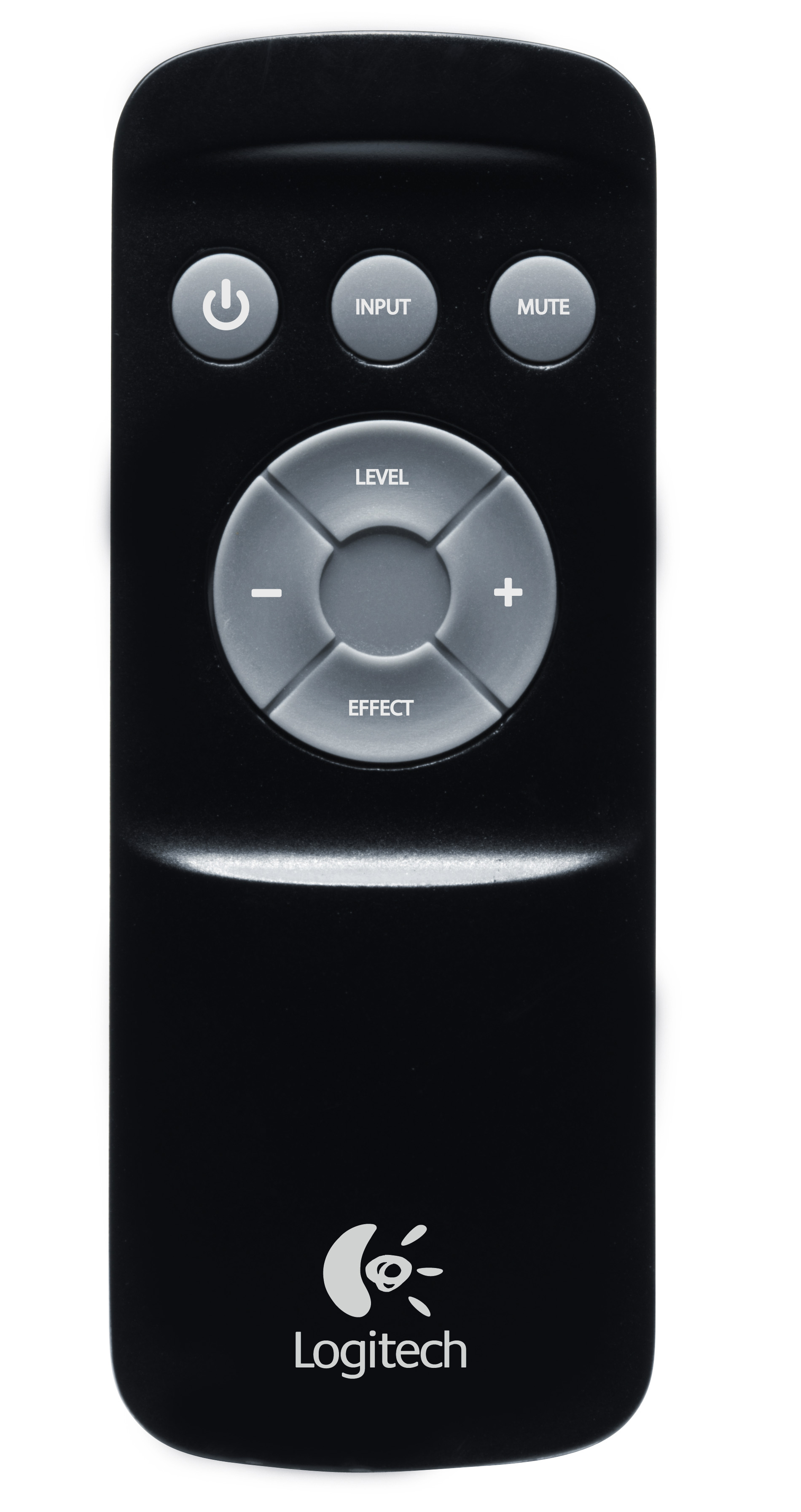 Eine schwarze Logitech-Fernbedienung mit runden silbernen Tasten für Power, Input, Mute, Level, Effect und Lautstärke.
